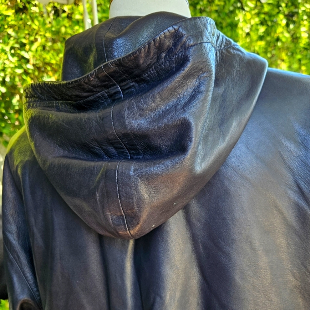 Men's RALPH LAUREN PURPLE LABEL Navy Leather Jacket with Hood